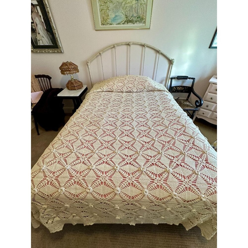Vintage crocheted bedspread coverlet handcrafted Queen Size